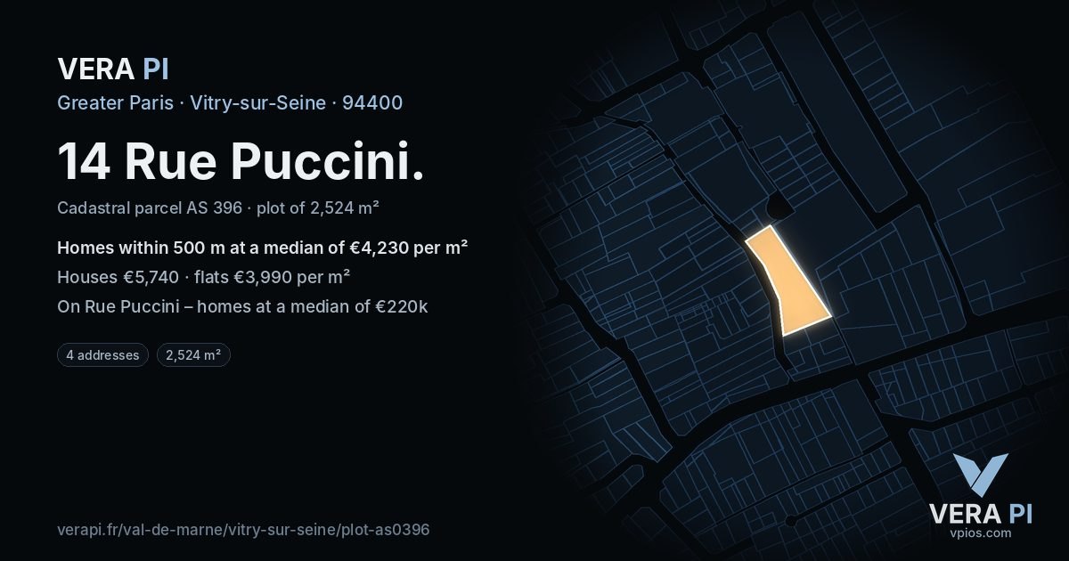 14 Rue Puccini, Vitry-sur-Seine at night – the plot lit, the parcels around coloured by the prices near them