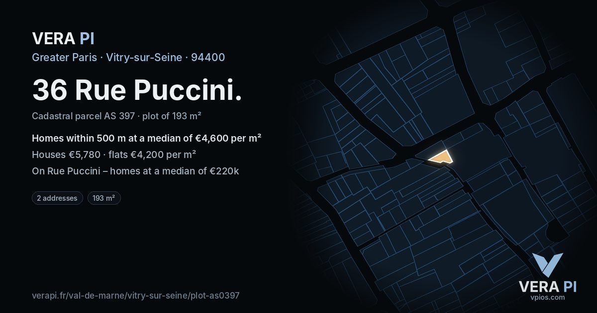 36 Rue Puccini, Vitry-sur-Seine at night – the plot lit, the parcels around coloured by the prices near them