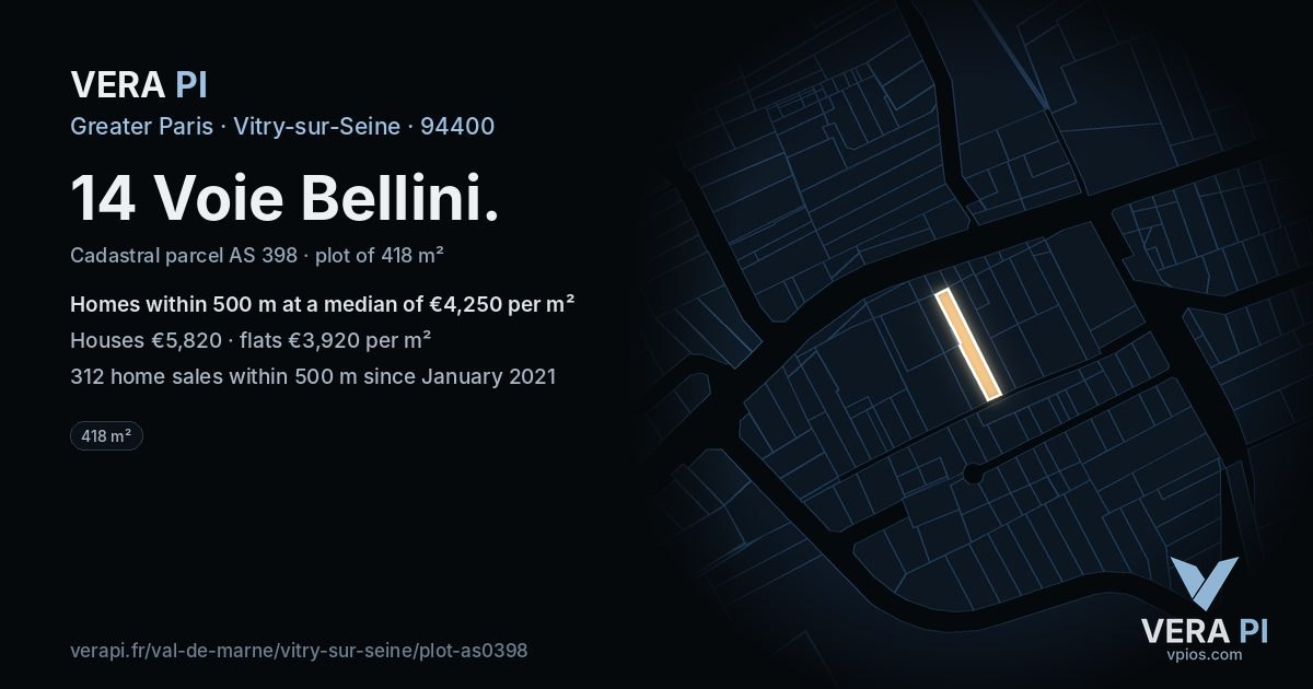 14 Voie Bellini, Vitry-sur-Seine at night – the plot lit, the parcels around coloured by the prices near them