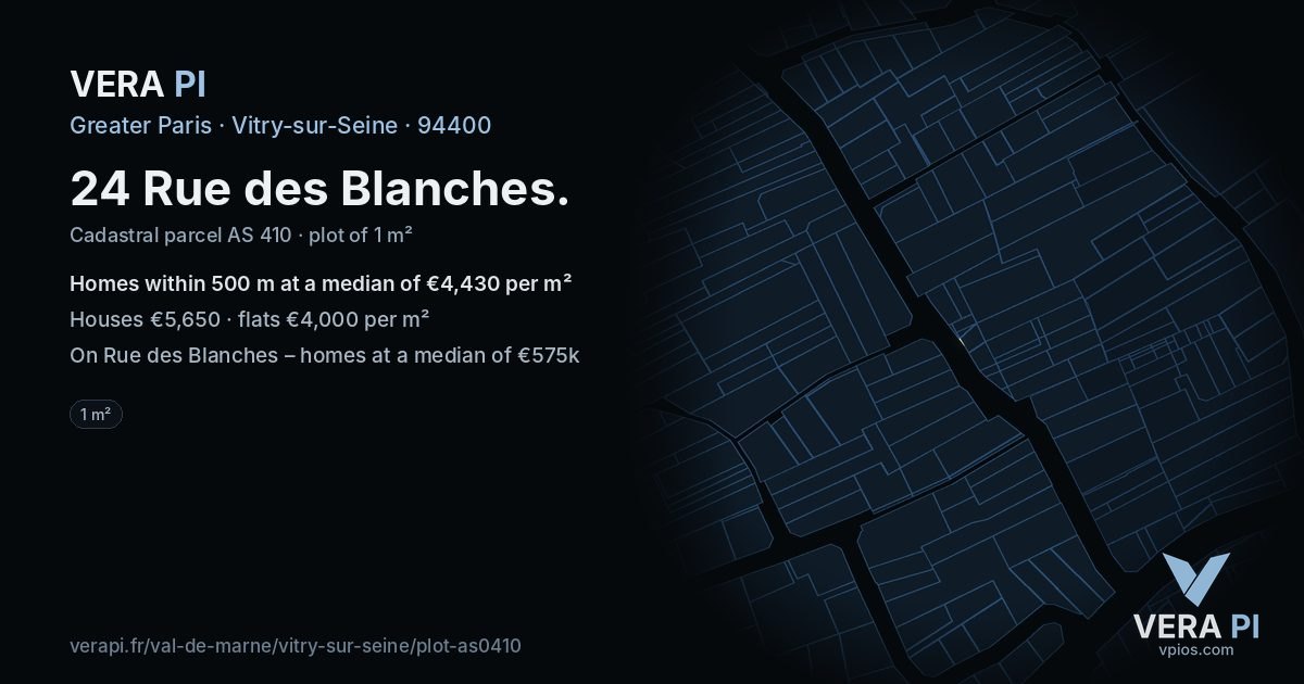 24 Rue des Blanches, Vitry-sur-Seine at night – the plot lit, the parcels around coloured by the prices near them