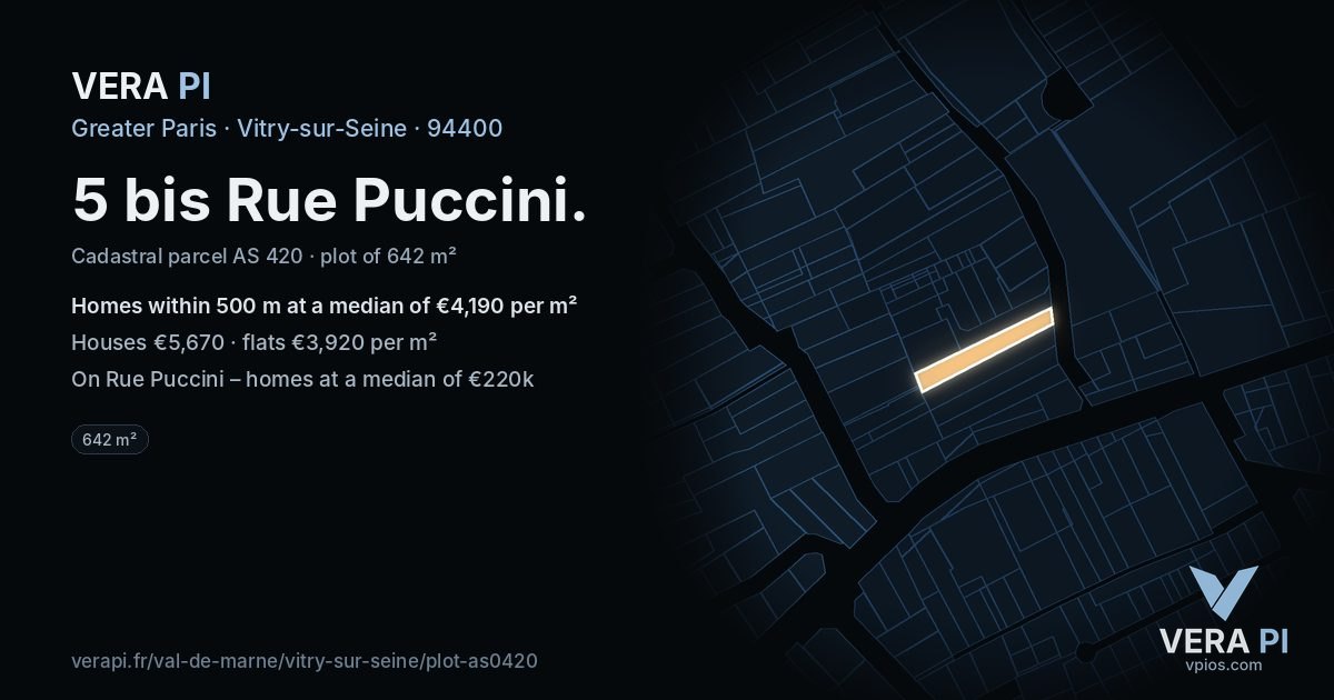 5 bis Rue Puccini, Vitry-sur-Seine at night – the plot lit, the parcels around coloured by the prices near them