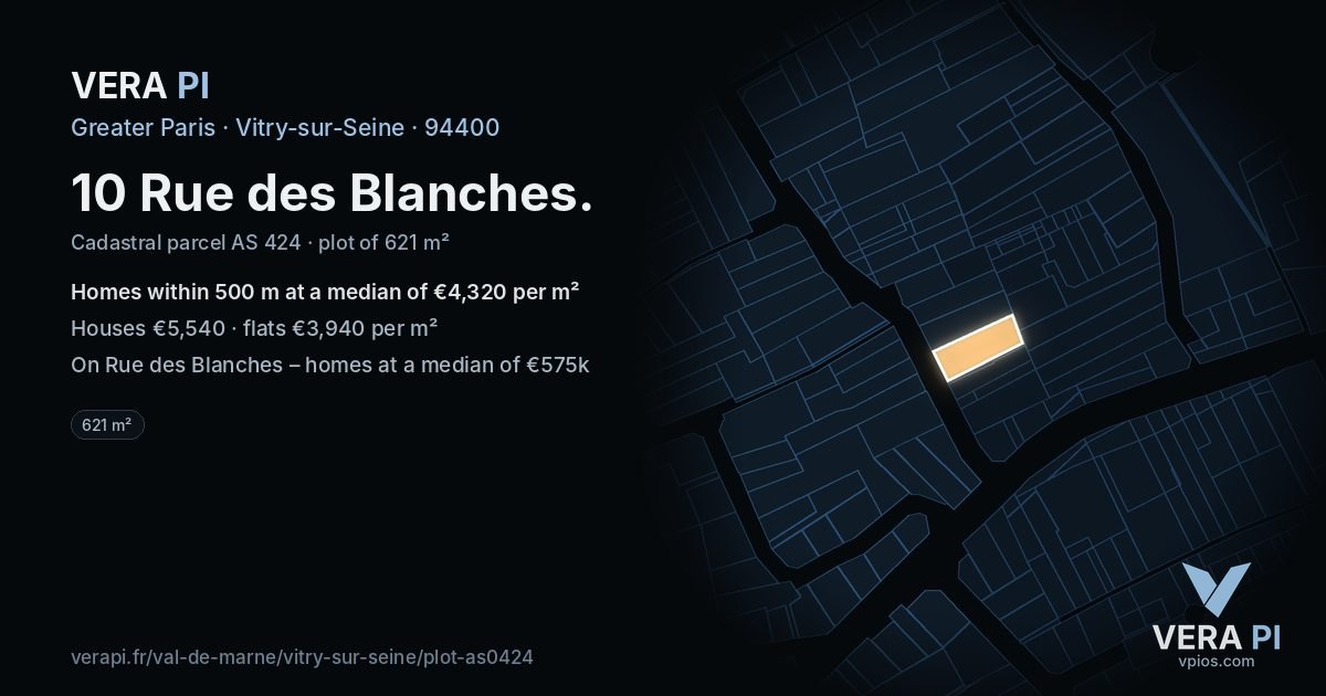 10 Rue des Blanches, Vitry-sur-Seine at night – the plot lit, the parcels around coloured by the prices near them