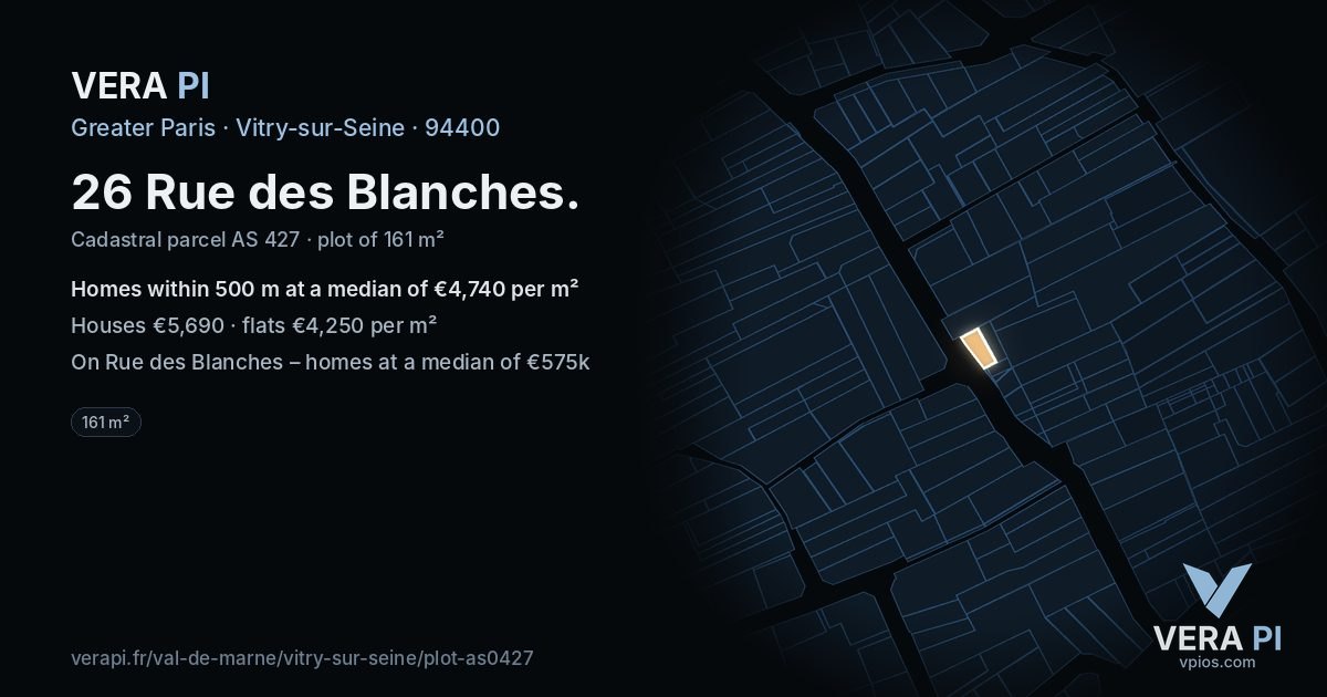 26 Rue des Blanches, Vitry-sur-Seine at night – the plot lit, the parcels around coloured by the prices near them