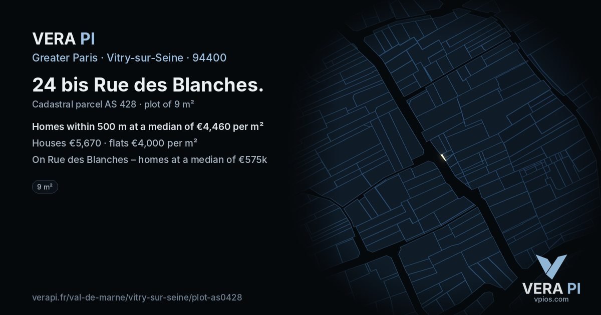 24 bis Rue des Blanches, Vitry-sur-Seine at night – the plot lit, the parcels around coloured by the prices near them