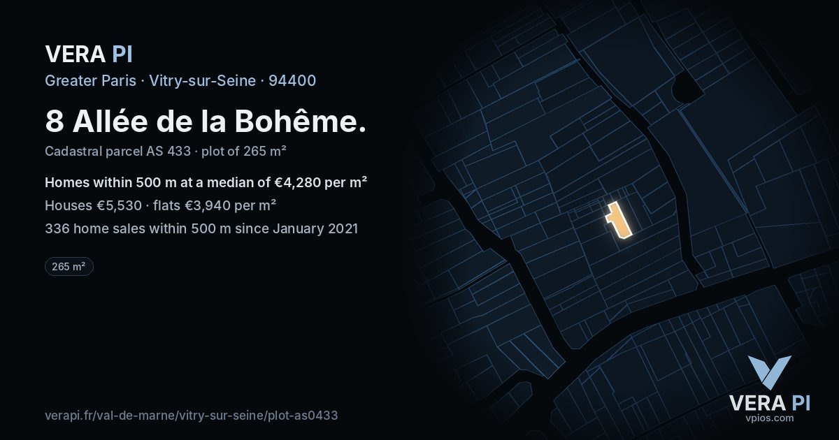 8 Allée de la Bohême, Vitry-sur-Seine at night – the plot lit, the parcels around coloured by the prices near them