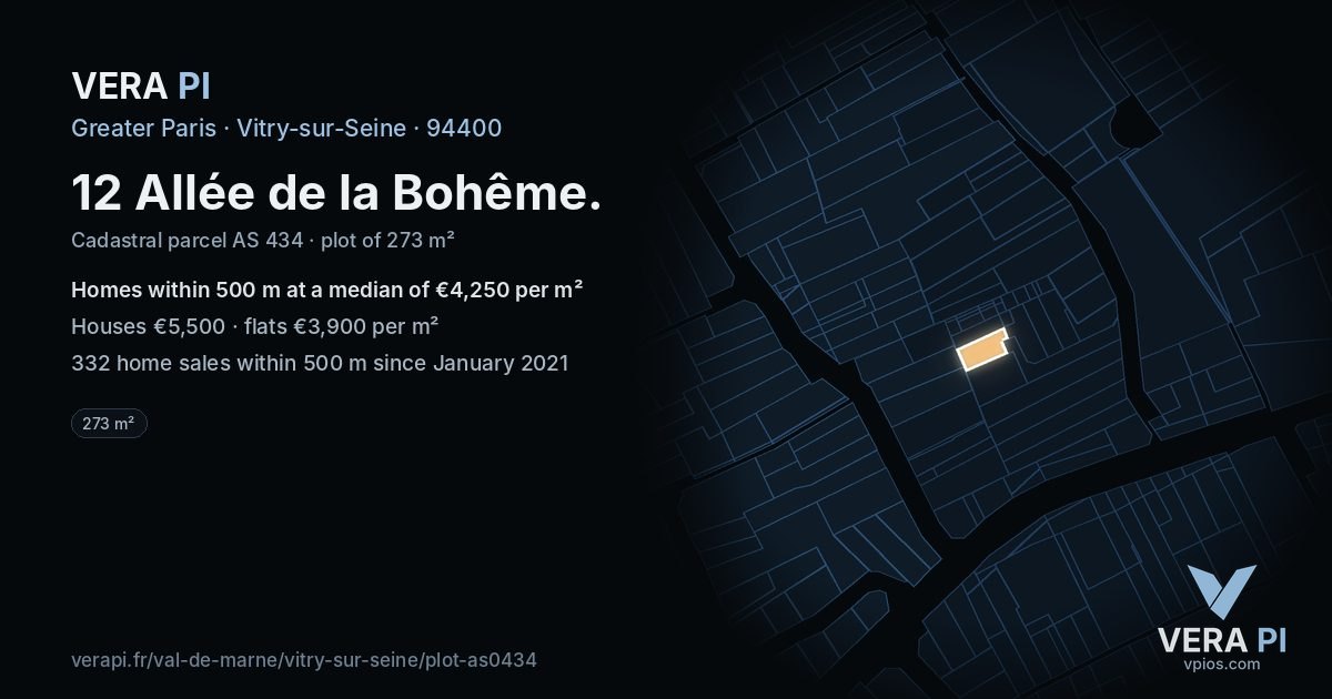 12 Allée de la Bohême, Vitry-sur-Seine at night – the plot lit, the parcels around coloured by the prices near them