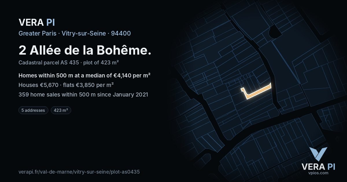 2 Allée de la Bohême, Vitry-sur-Seine at night – the plot lit, the parcels around coloured by the prices near them