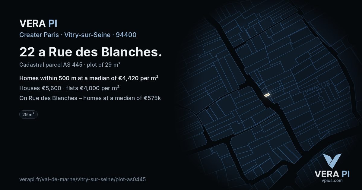 22 a Rue des Blanches, Vitry-sur-Seine at night – the plot lit, the parcels around coloured by the prices near them