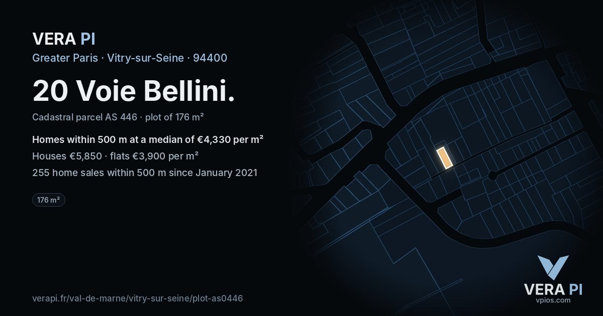 20 Voie Bellini, Vitry-sur-Seine at night – the plot lit, the parcels around coloured by the prices near them