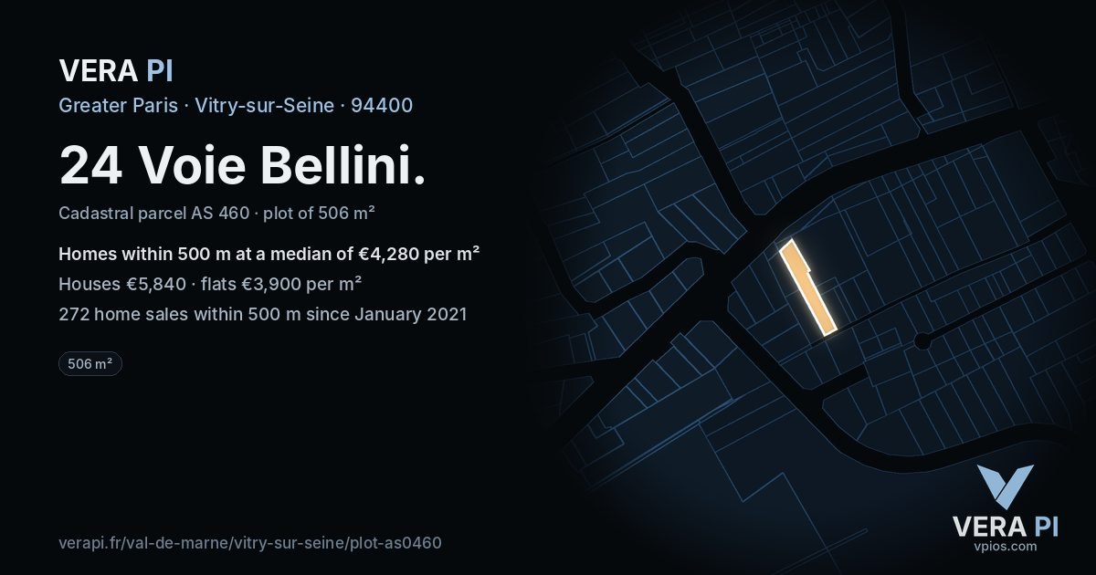 24 Voie Bellini, Vitry-sur-Seine at night – the plot lit, the parcels around coloured by the prices near them