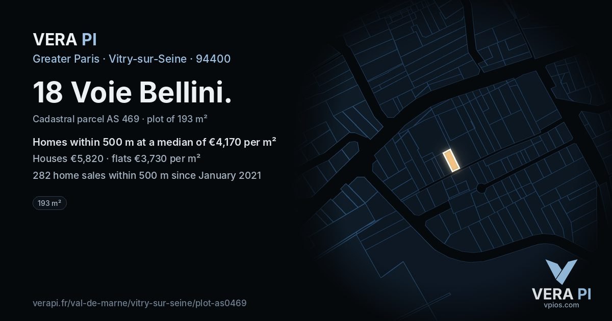 18 Voie Bellini, Vitry-sur-Seine at night – the plot lit, the parcels around coloured by the prices near them
