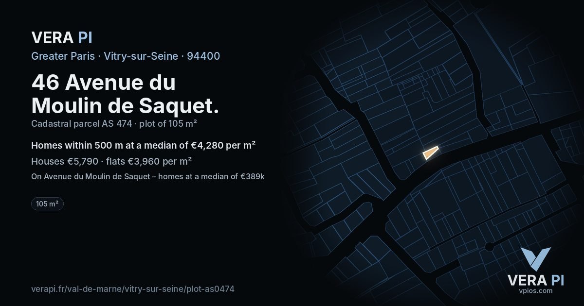 46 Avenue du Moulin de Saquet, Vitry-sur-Seine at night – the plot lit, the parcels around coloured by the prices near them