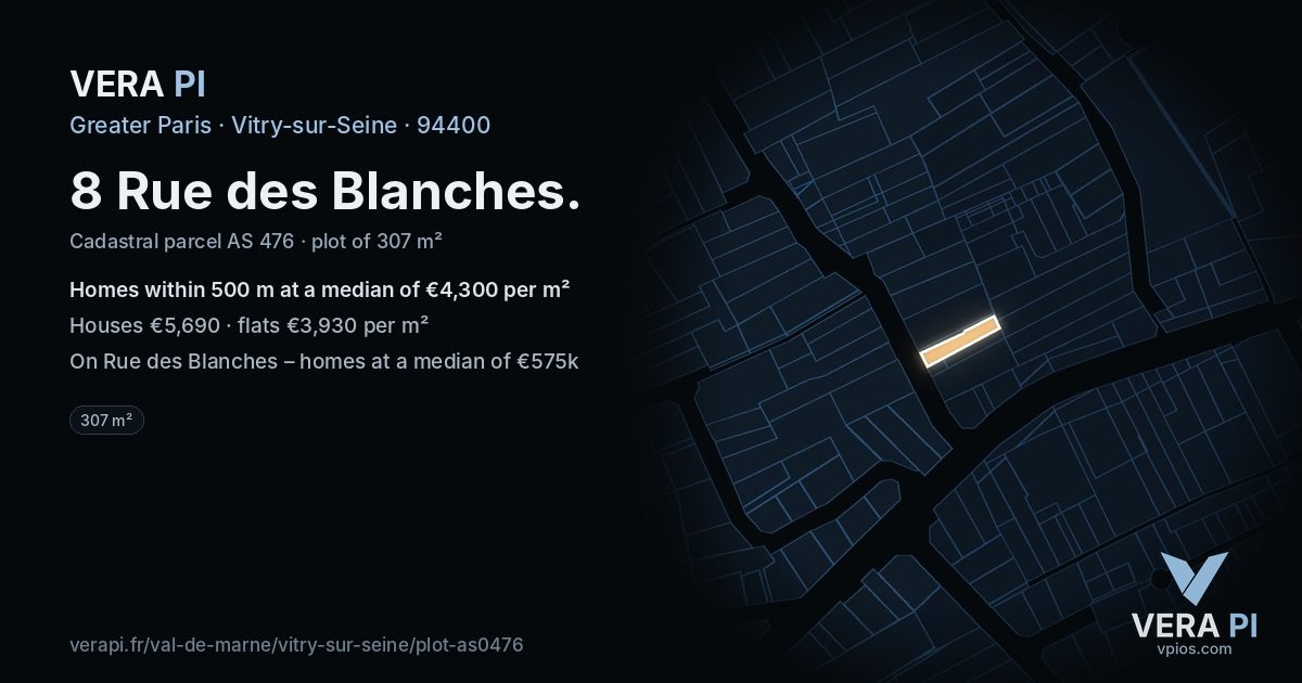 8 Rue des Blanches, Vitry-sur-Seine at night – the plot lit, the parcels around coloured by the prices near them