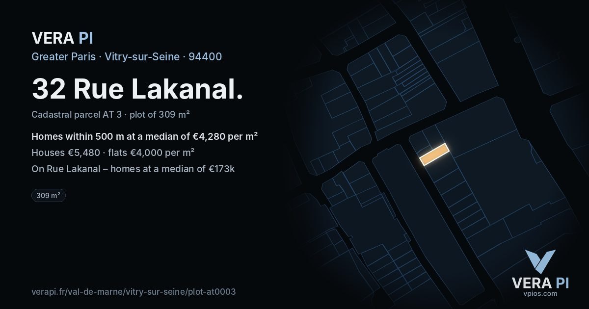32 Rue Lakanal, Vitry-sur-Seine at night – the plot lit, the parcels around coloured by the prices near them