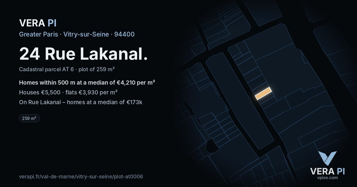 24 Rue Lakanal, Vitry-sur-Seine at night – the plot lit, the parcels around coloured by the prices near them