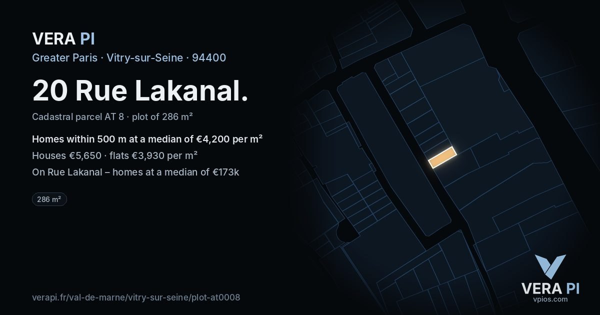 20 Rue Lakanal, Vitry-sur-Seine at night – the plot lit, the parcels around coloured by the prices near them