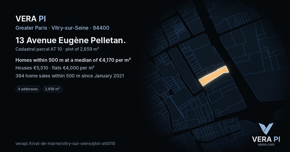 13 Avenue Eugène Pelletan, Vitry-sur-Seine at night – the plot lit, the parcels around coloured by the prices near them