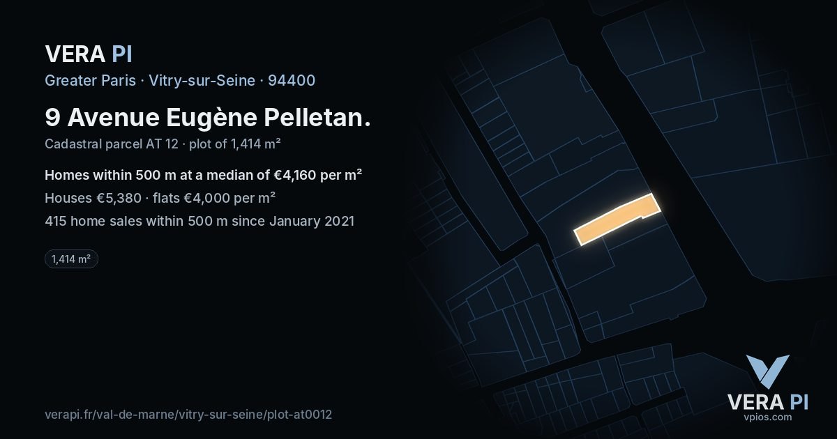 9 Avenue Eugène Pelletan, Vitry-sur-Seine at night – the plot lit, the parcels around coloured by the prices near them
