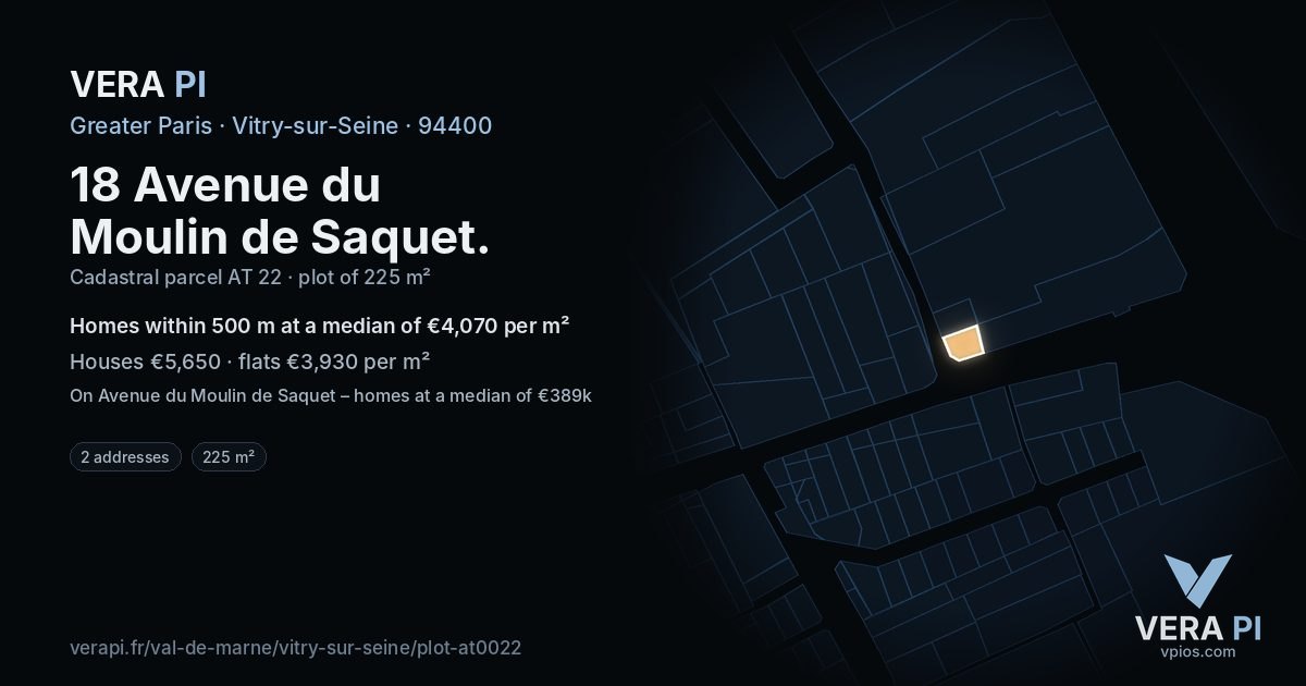 18 Avenue du Moulin de Saquet, Vitry-sur-Seine at night – the plot lit, the parcels around coloured by the prices near them
