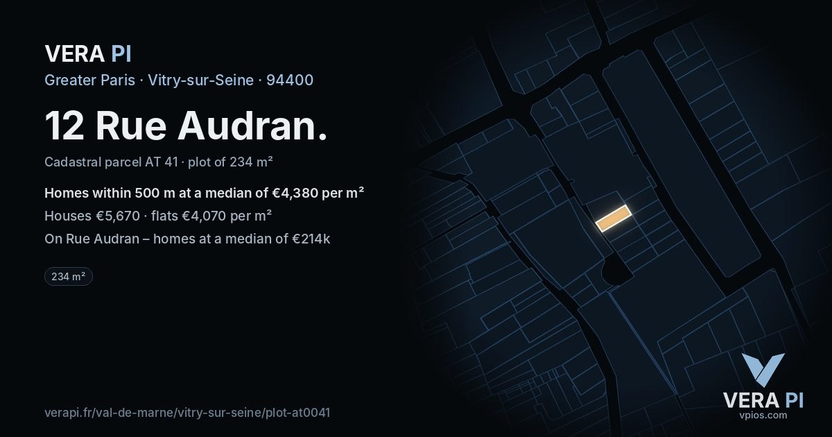 12 Rue Audran, Vitry-sur-Seine at night – the plot lit, the parcels around coloured by the prices near them