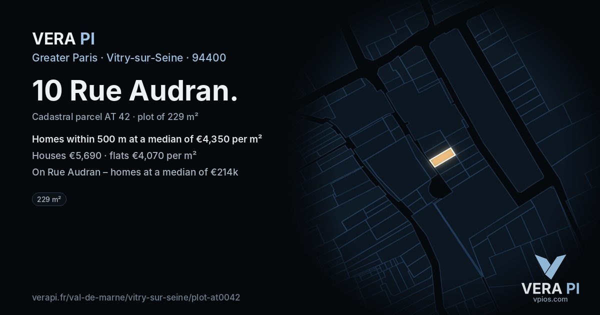 10 Rue Audran, Vitry-sur-Seine at night – the plot lit, the parcels around coloured by the prices near them