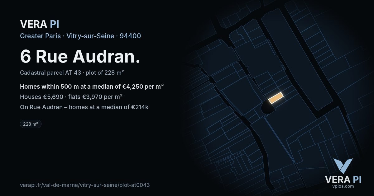 6 Rue Audran, Vitry-sur-Seine at night – the plot lit, the parcels around coloured by the prices near them