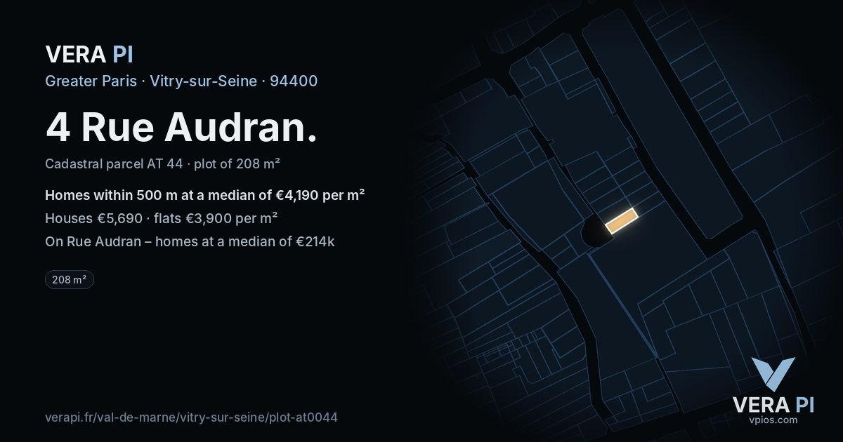 4 Rue Audran, Vitry-sur-Seine at night – the plot lit, the parcels around coloured by the prices near them