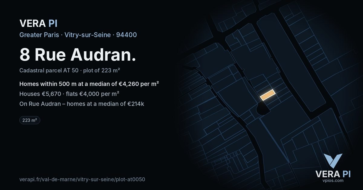 8 Rue Audran, Vitry-sur-Seine at night – the plot lit, the parcels around coloured by the prices near them