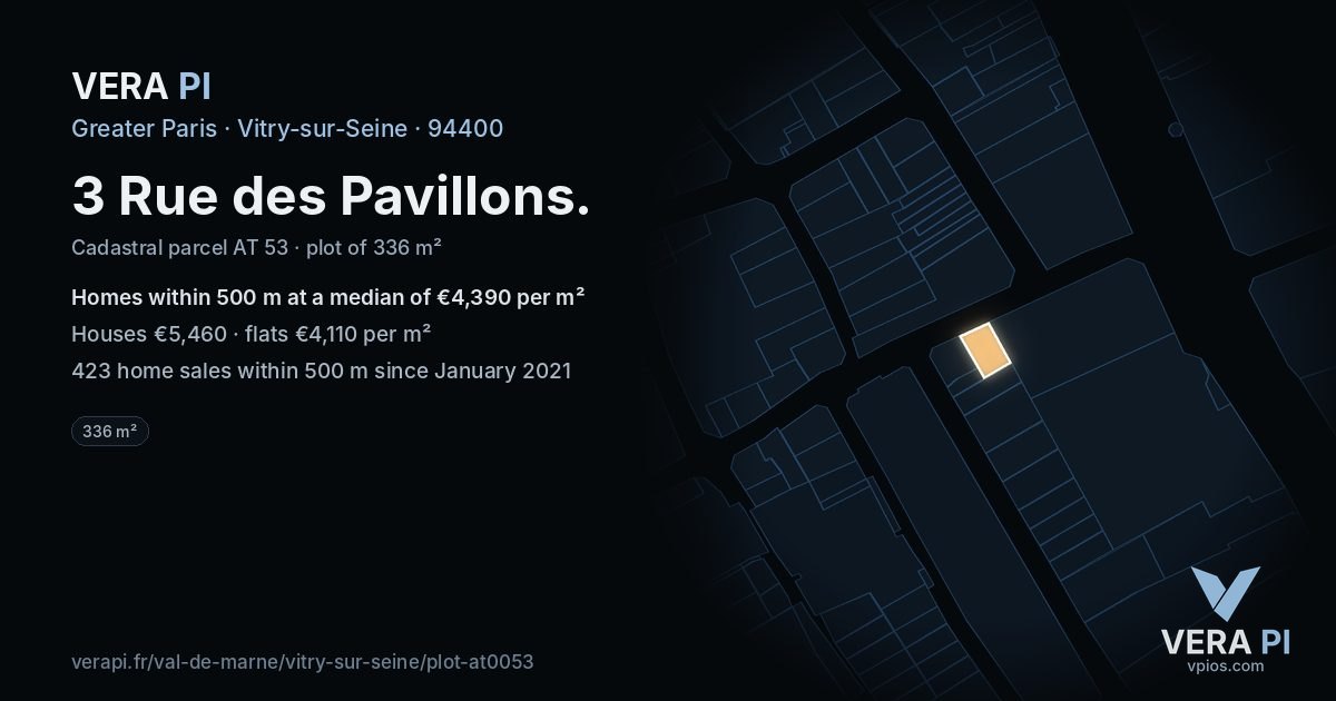 3 Rue des Pavillons, Vitry-sur-Seine at night – the plot lit, the parcels around coloured by the prices near them