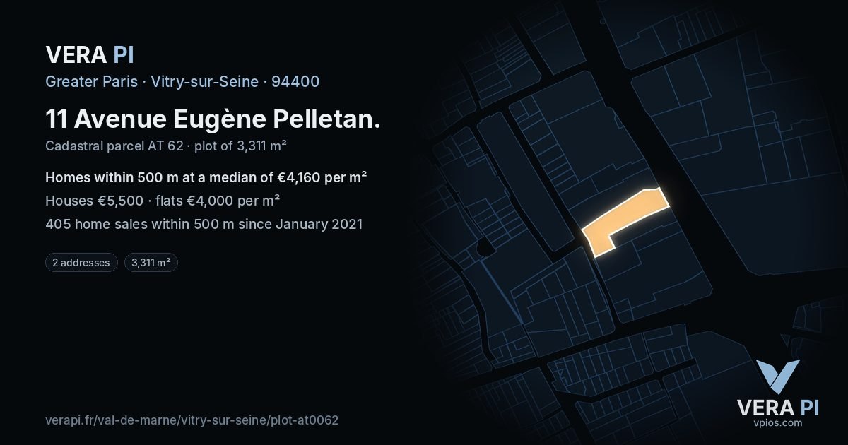 11 Avenue Eugène Pelletan, Vitry-sur-Seine at night – the plot lit, the parcels around coloured by the prices near them
