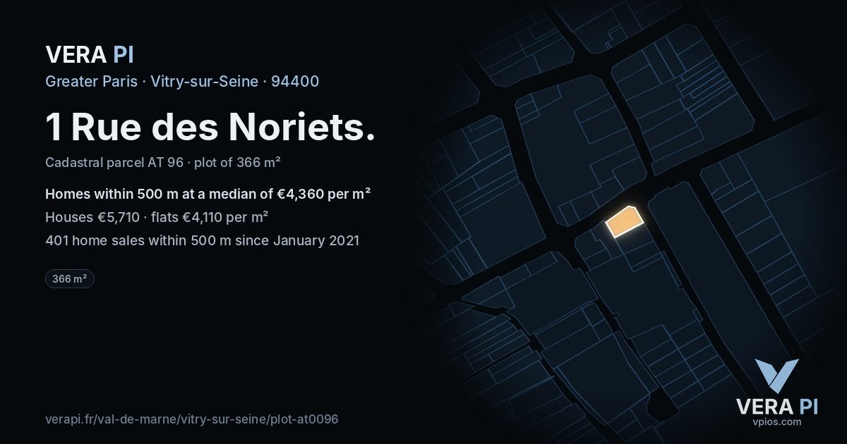 1 Rue des Noriets, Vitry-sur-Seine at night – the plot lit, the parcels around coloured by the prices near them