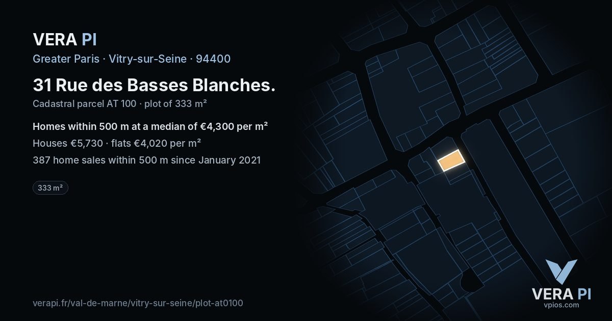 31 Rue des Basses Blanches, Vitry-sur-Seine at night – the plot lit, the parcels around coloured by the prices near them