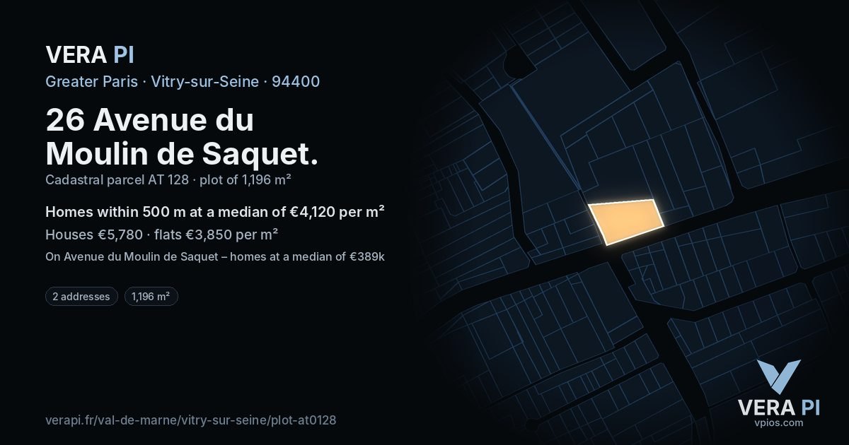 26 Avenue du Moulin de Saquet, Vitry-sur-Seine at night – the plot lit, the parcels around coloured by the prices near them