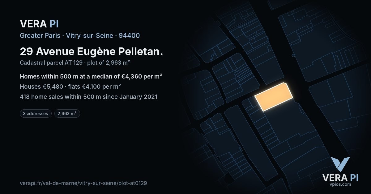 29 Avenue Eugène Pelletan, Vitry-sur-Seine at night – the plot lit, the parcels around coloured by the prices near them