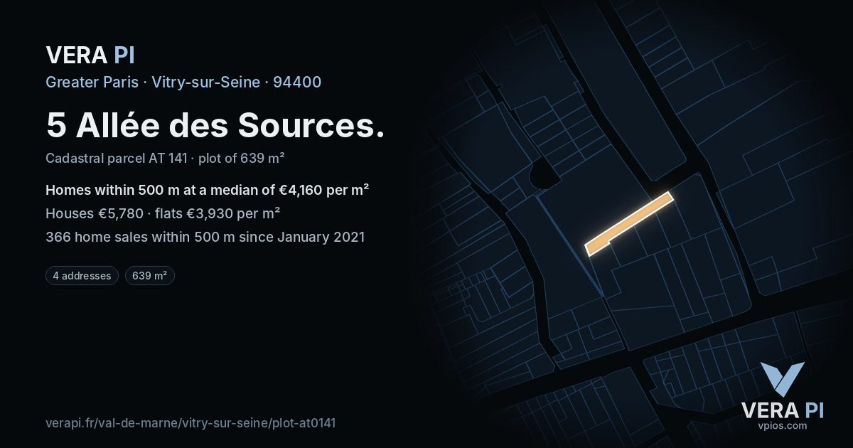 5 Allée des Sources, Vitry-sur-Seine at night – the plot lit, the parcels around coloured by the prices near them