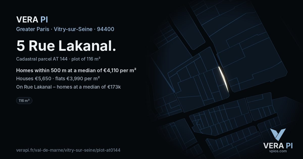 5 Rue Lakanal, Vitry-sur-Seine at night – the plot lit, the parcels around coloured by the prices near them