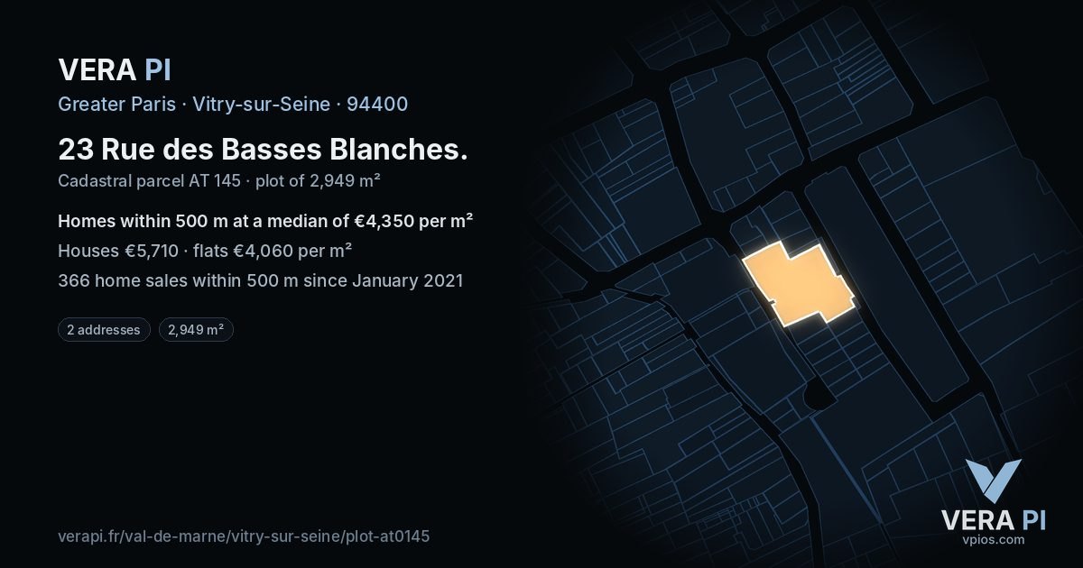 23 Rue des Basses Blanches, Vitry-sur-Seine at night – the plot lit, the parcels around coloured by the prices near them