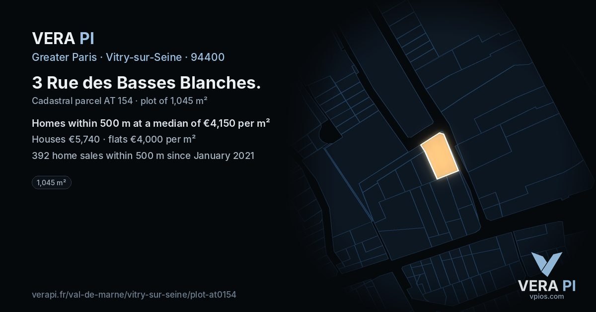 3 Rue des Basses Blanches, Vitry-sur-Seine at night – the plot lit, the parcels around coloured by the prices near them