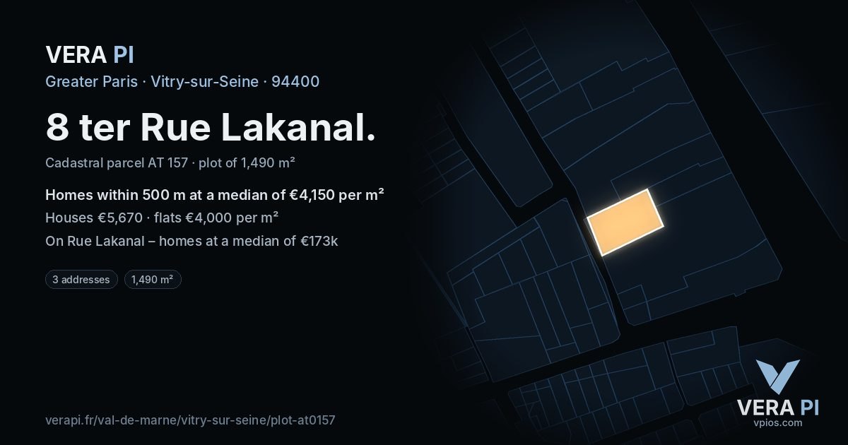 8 ter Rue Lakanal, Vitry-sur-Seine at night – the plot lit, the parcels around coloured by the prices near them
