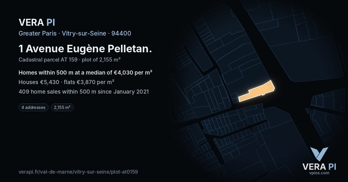 1 Avenue Eugène Pelletan, Vitry-sur-Seine at night – the plot lit, the parcels around coloured by the prices near them
