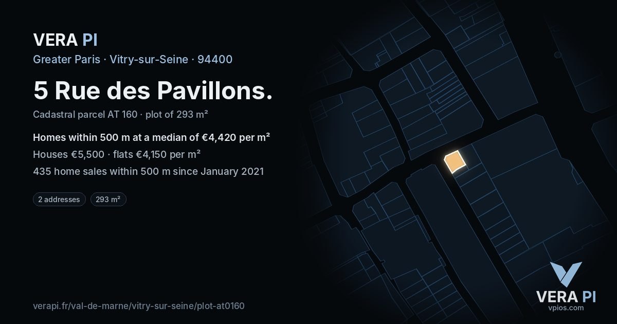 5 Rue des Pavillons, Vitry-sur-Seine at night – the plot lit, the parcels around coloured by the prices near them