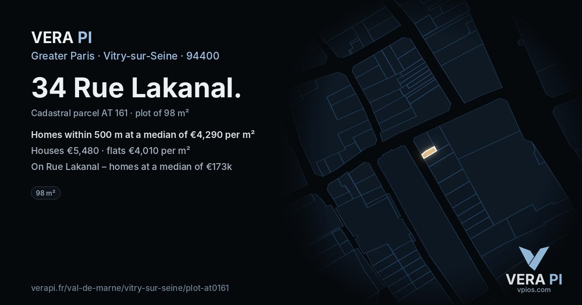 34 Rue Lakanal, Vitry-sur-Seine at night – the plot lit, the parcels around coloured by the prices near them