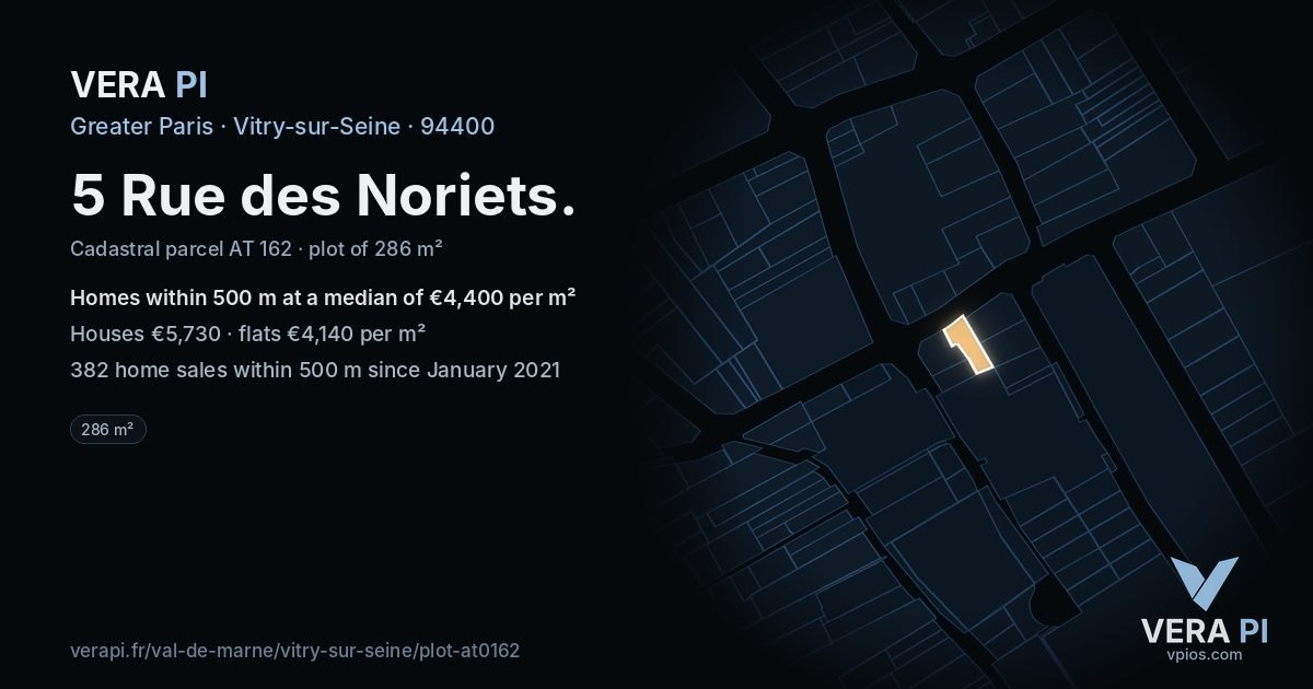 5 Rue des Noriets, Vitry-sur-Seine at night – the plot lit, the parcels around coloured by the prices near them