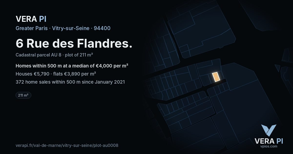 6 Rue des Flandres, Vitry-sur-Seine at night – the plot lit, the parcels around coloured by the prices near them