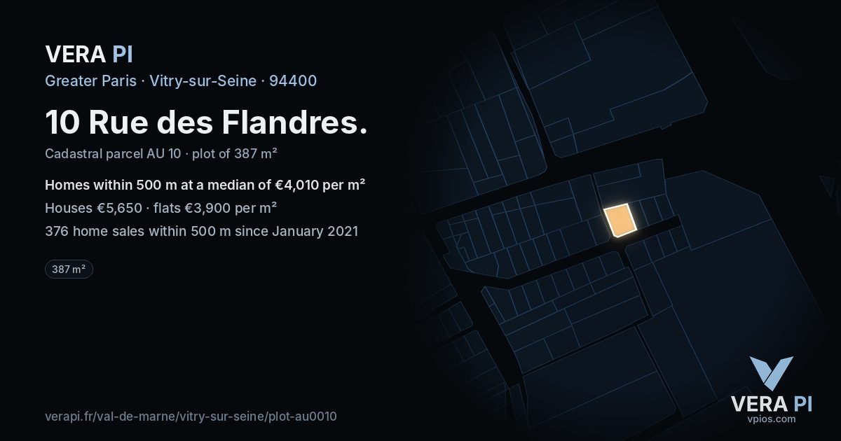 10 Rue des Flandres, Vitry-sur-Seine at night – the plot lit, the parcels around coloured by the prices near them
