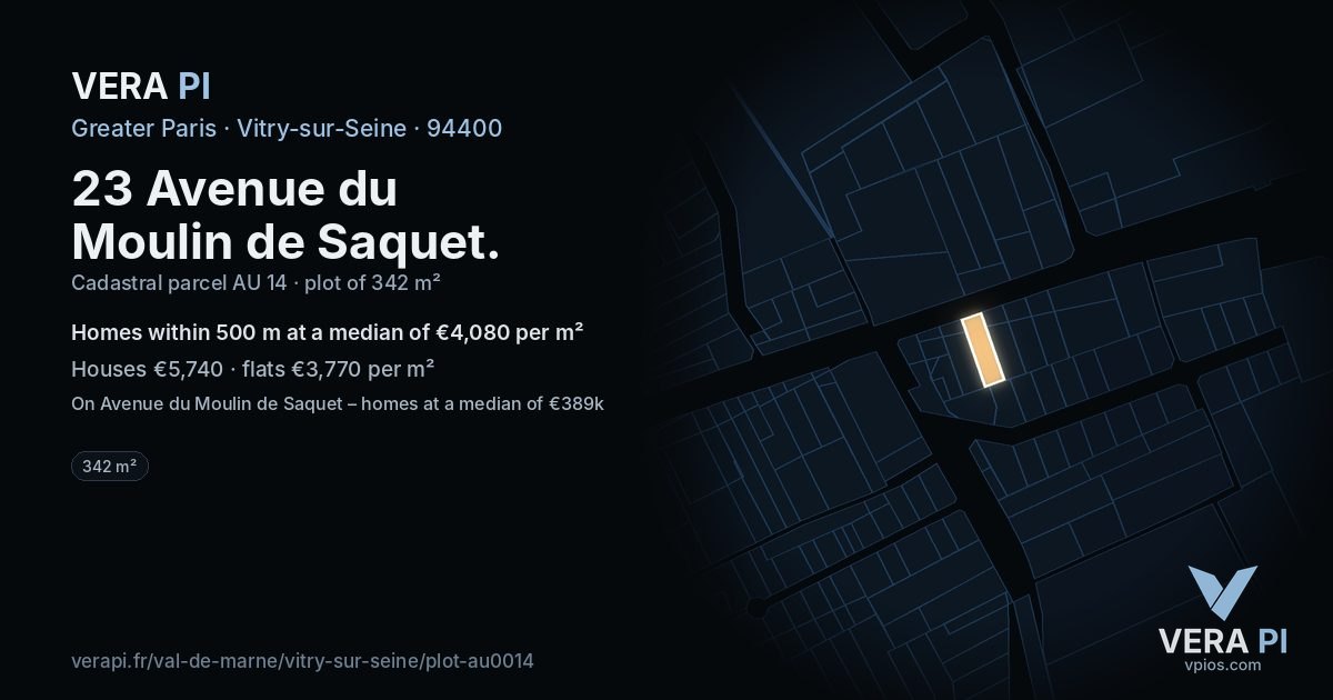 23 Avenue du Moulin de Saquet, Vitry-sur-Seine at night – the plot lit, the parcels around coloured by the prices near them
