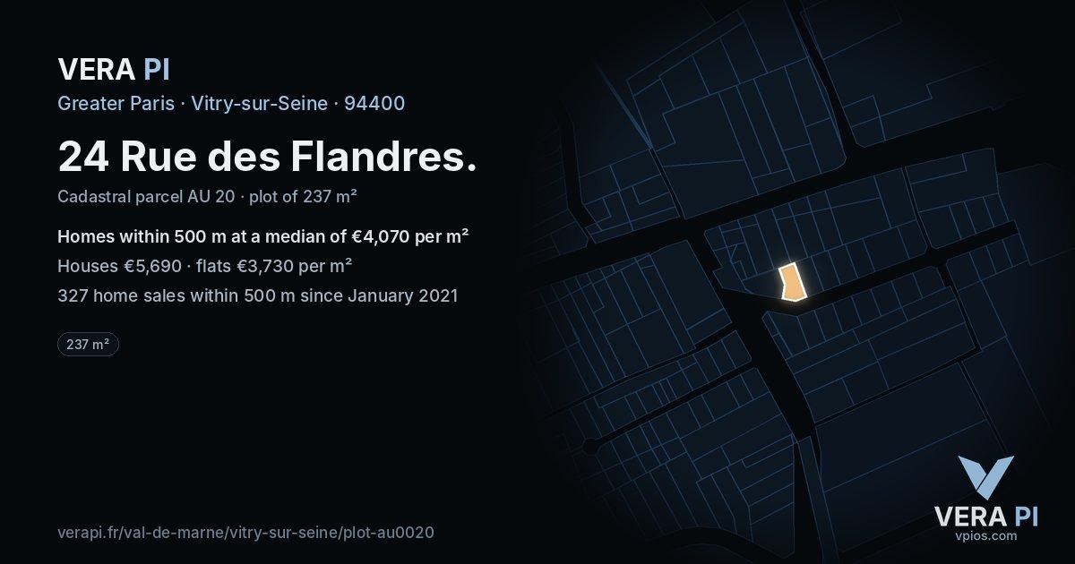 24 Rue des Flandres, Vitry-sur-Seine at night – the plot lit, the parcels around coloured by the prices near them