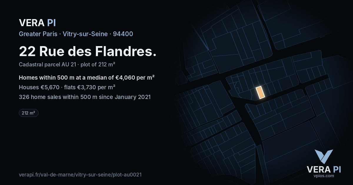 22 Rue des Flandres, Vitry-sur-Seine at night – the plot lit, the parcels around coloured by the prices near them