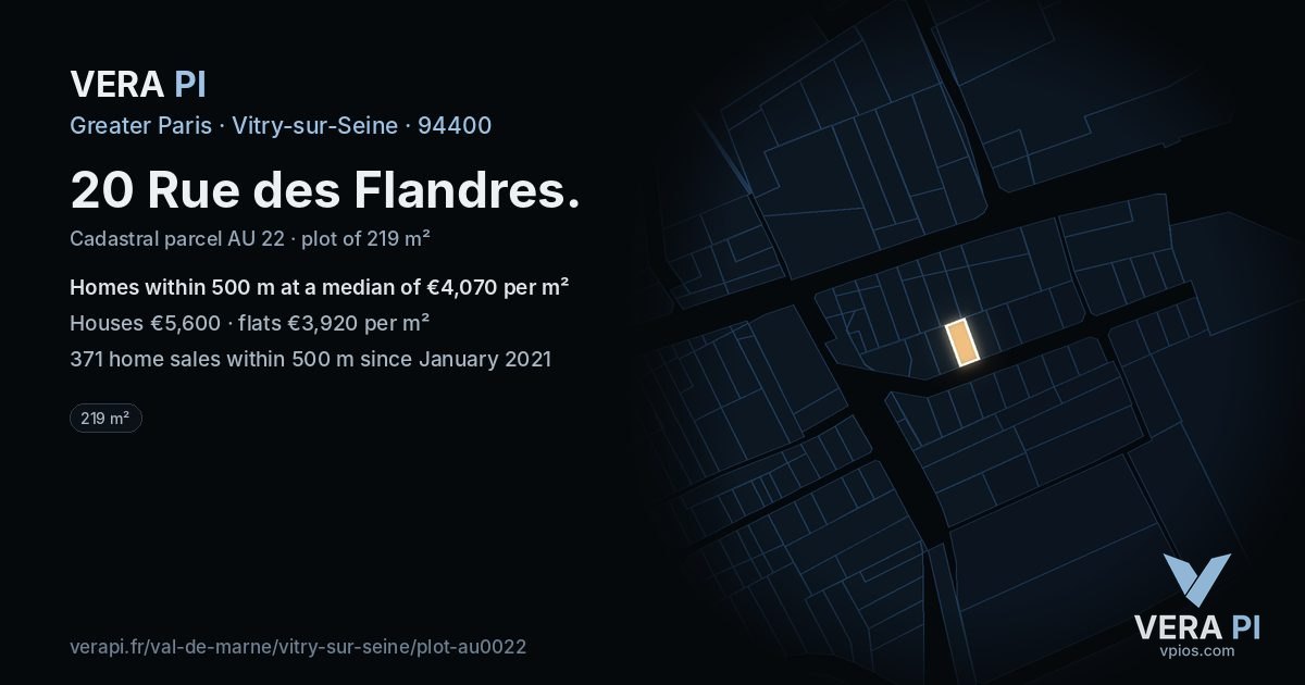 20 Rue des Flandres, Vitry-sur-Seine at night – the plot lit, the parcels around coloured by the prices near them