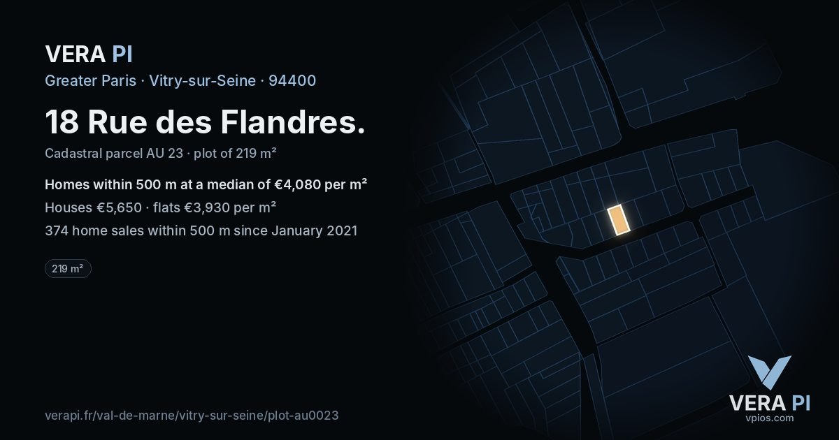 18 Rue des Flandres, Vitry-sur-Seine at night – the plot lit, the parcels around coloured by the prices near them